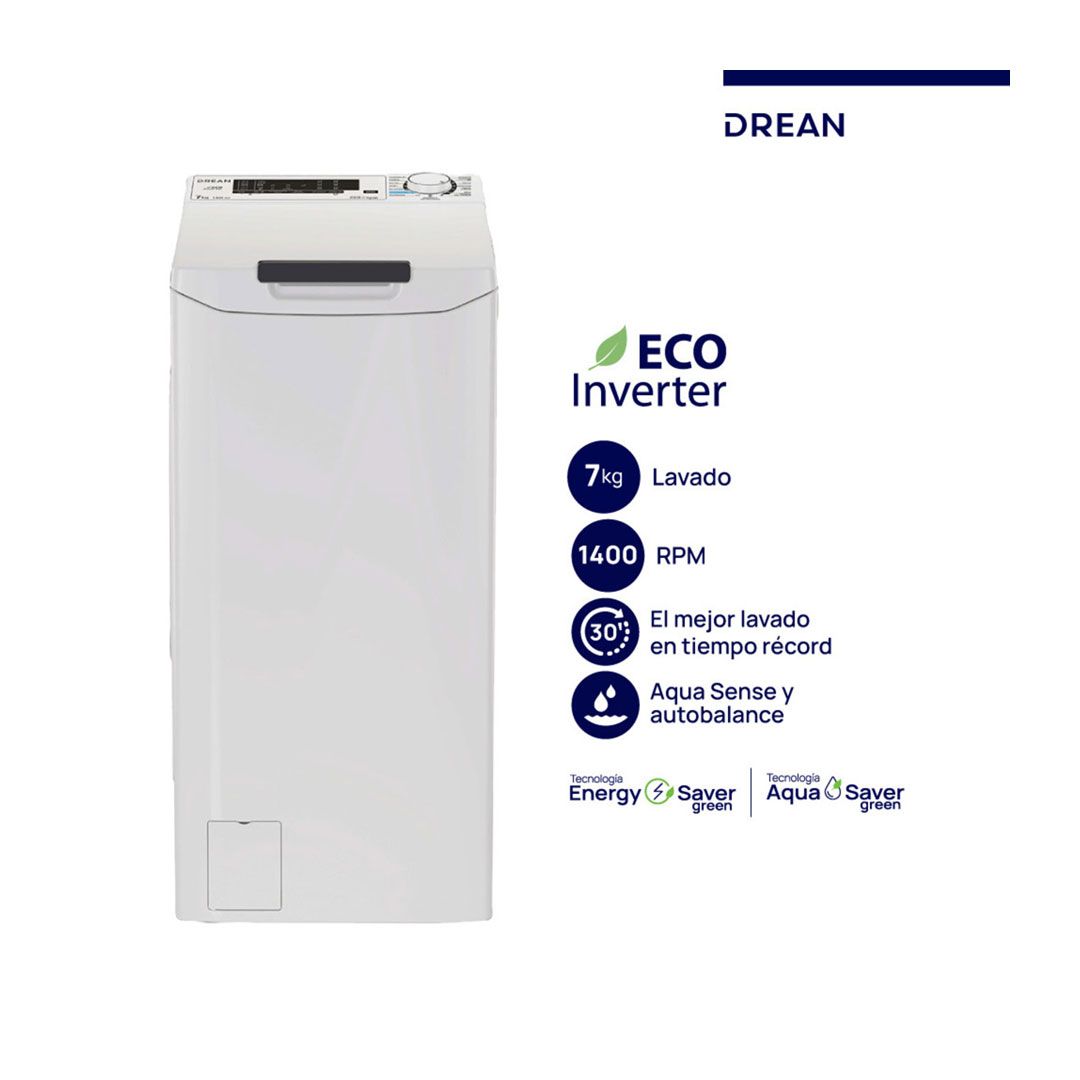 Lavarropas Carga Superior Ecoinverter 7 Kg 1400 RPM Blanco Drean - LTDRI0714PB0